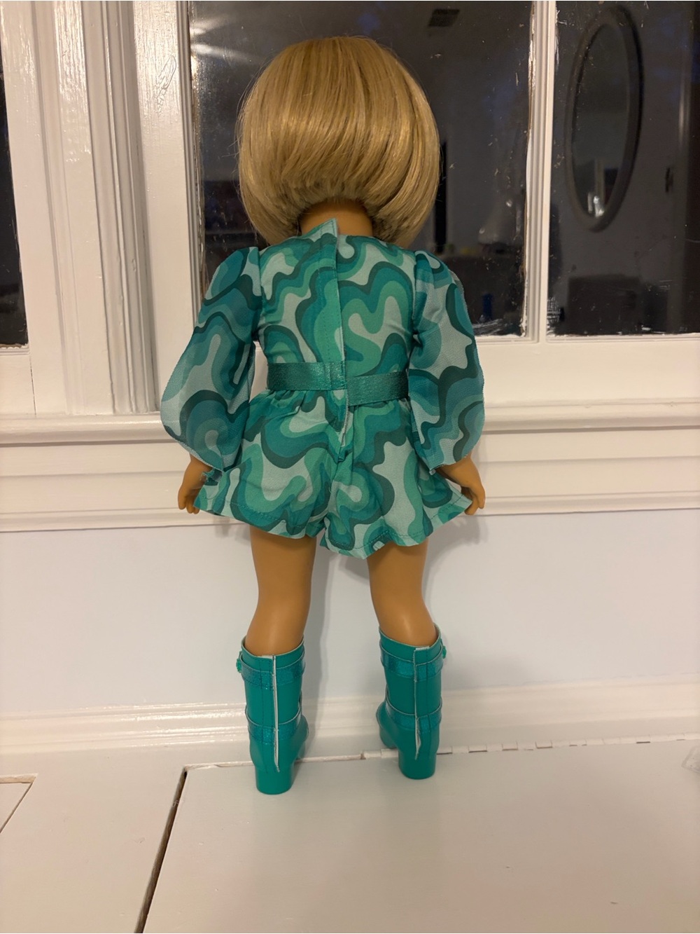 American Girl Teal Patterned Romper with Teal Boots & Headband - Picture 2 of 8